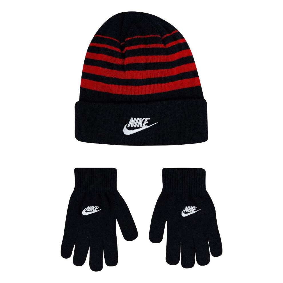 Nike Boy`s Beanie & Gloves 2 Piece Set (Black(9A2909-R1N)/University R