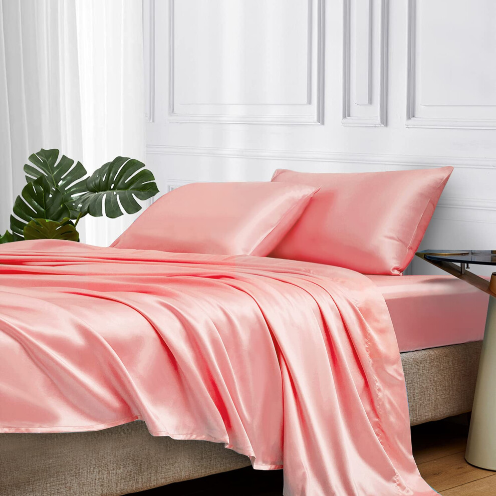 Parure de lit MR&HM en satin, 4 pi   ces, draps de lit double, soyeux, avec poche profonde de 38 cm pour matelas (rose p   le)