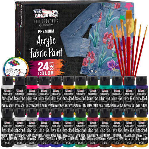 U.S. Art Supply Σετ 24 Μονίμων Ακρυλικών Χρωμάτων Υφασμάτων 2 Οζ, Συν 7-τεμαχιο Κιτ Πινέλων