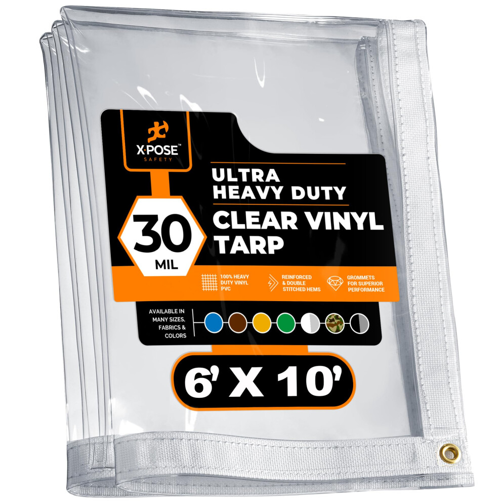6 x 10 Clear Vinyl Tarp  30 Mil Super Heavy Duty Transparent Waterproof PVC Tarpaulin with Brass Grommets  for Patio Enclosu-image-OPC-PFRSJBF-NEW