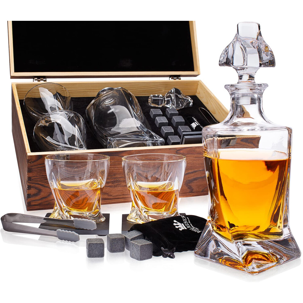 Whiskey Decanter gift Set by Royal Reserve  Artisan crafted Twist Liquor Dispenser chilling Rocks Stones Scotch Bourbon Holder