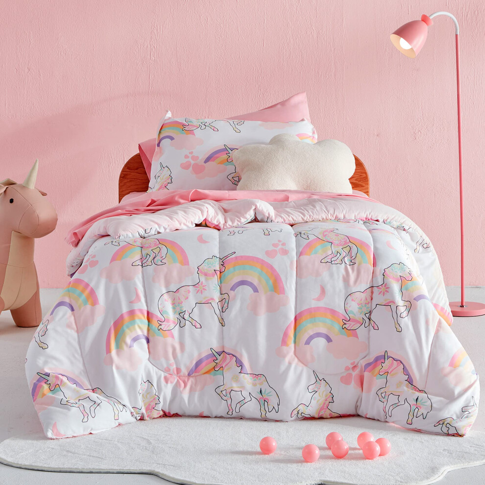 Parure de lit pour enfant 5 pi   ces avec couette, drap, taie d'oreiller et taie d'oreiller (Licorne rose)