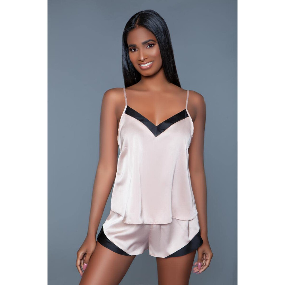 Chemise et slip en satin Natalie Be Wicked Noir/Rose