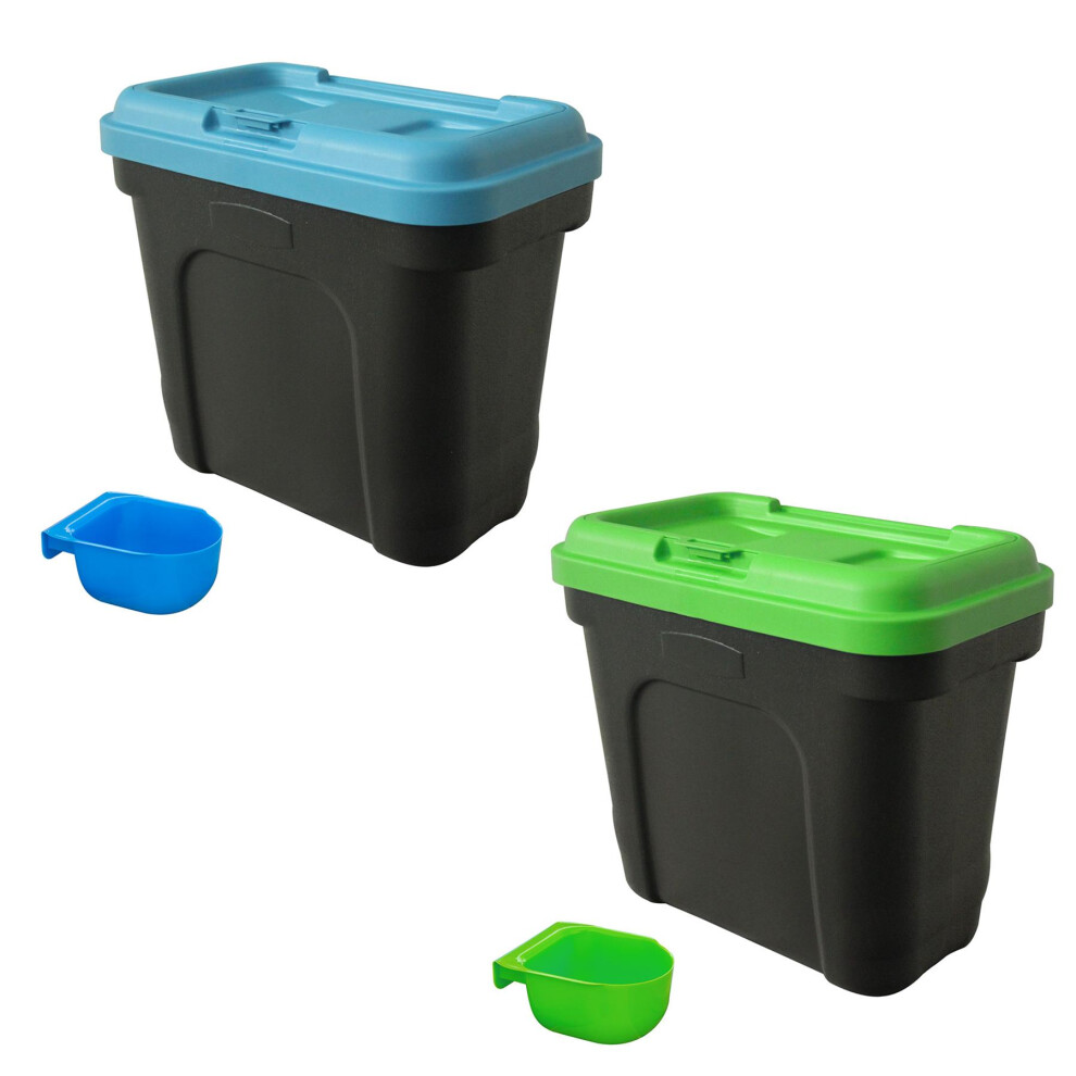 KCT 2 Pack 15L/7kg Medium Dry Pet Dog Cat Bird Food Feed Plastic Storage Bin Box Container with Integrated Scoop BPA Free Green & Blue Airtight Seal
