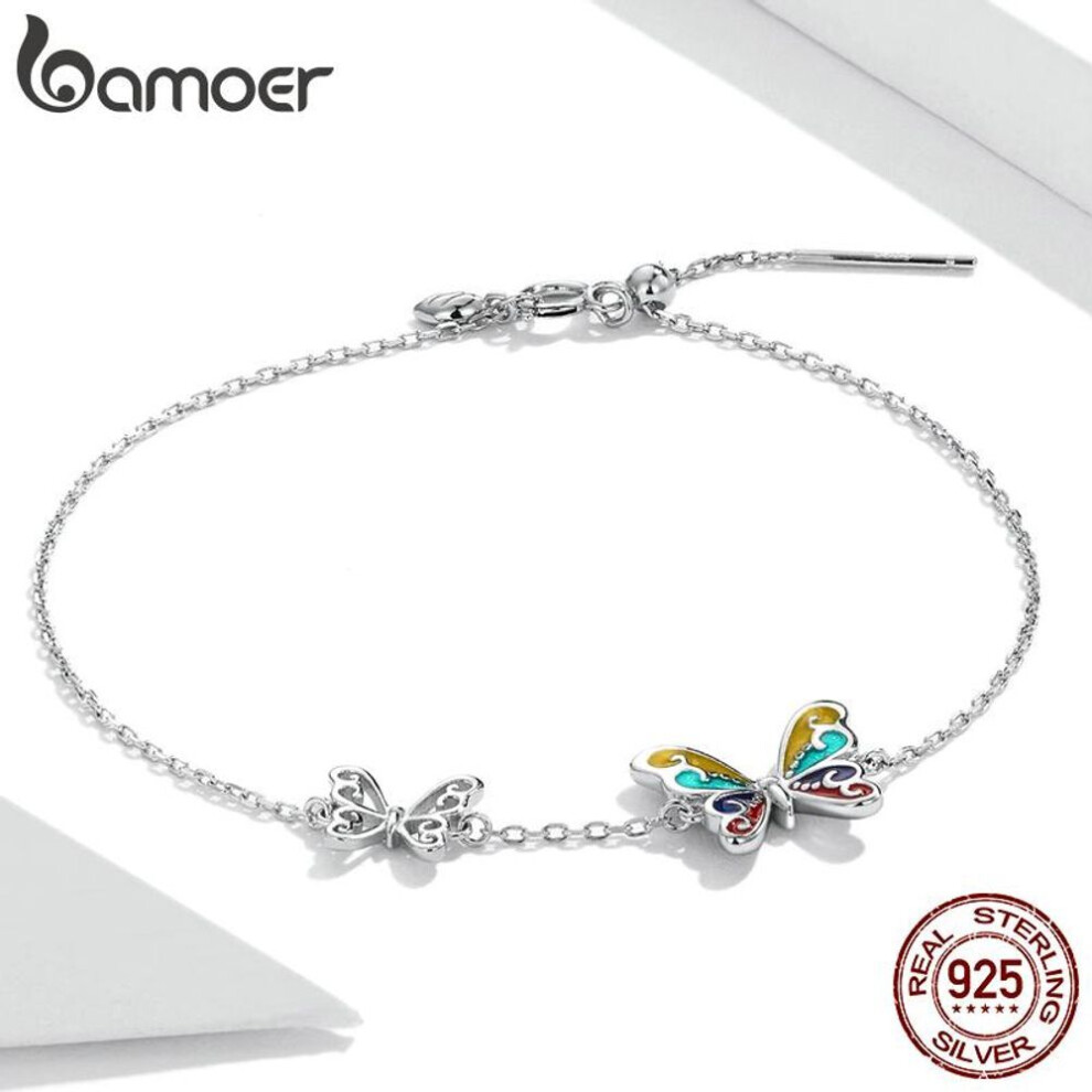 (925 silver) Bamoer 925 Sterling Silver Brilliant Butterfly Ear Studs & Coloful Butterfly Bracelet For Women & & Open Size Ring Fine Jewelry
