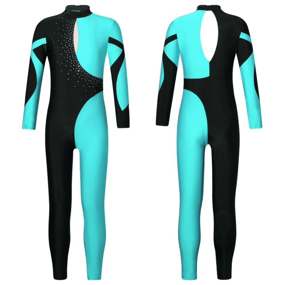 (blue-green, 15-16 Years) Gymnastics Jumpsuits Kids Shiny Rhinestone Ice Skating Bodysuit Girls Long Sleeve Ballet Dance Full Body Leotards Unitards