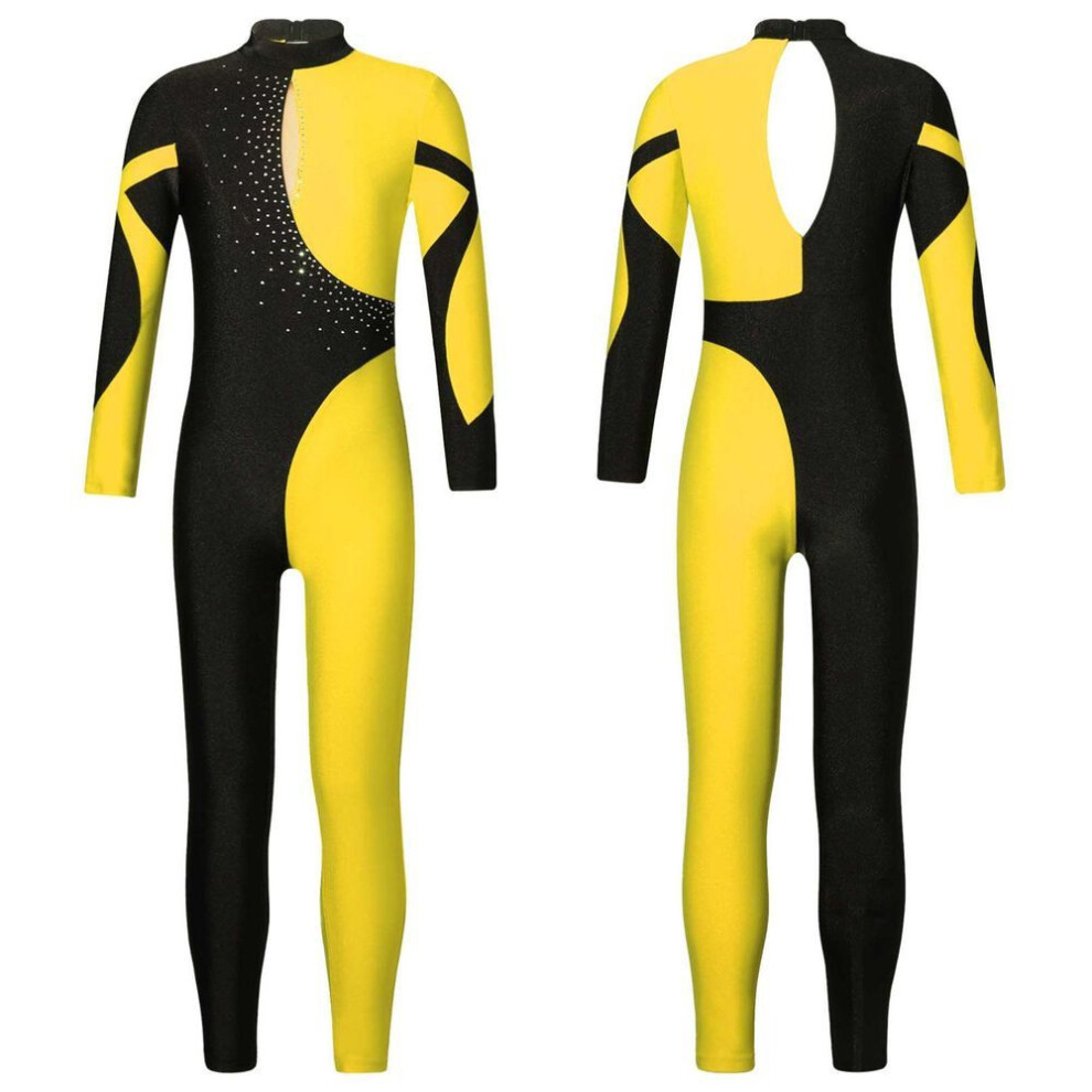 (yellow, 9-10 Years) Gymnastics Jumpsuits Kids Shiny Rhinestone Ice Skating Bodysuit Girls Long Sleeve Ballet Dance Full Body Leotards Unitards
