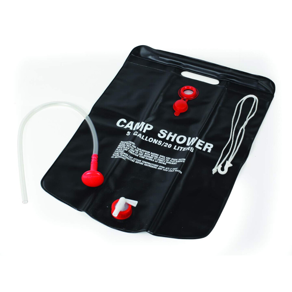 Douche solaire naturelle d'extérieur Camco avec vanne marche/arrêt pour campings - Contient 5 gallons d'eau, suffisant pour 3 à 4 douches, idéale