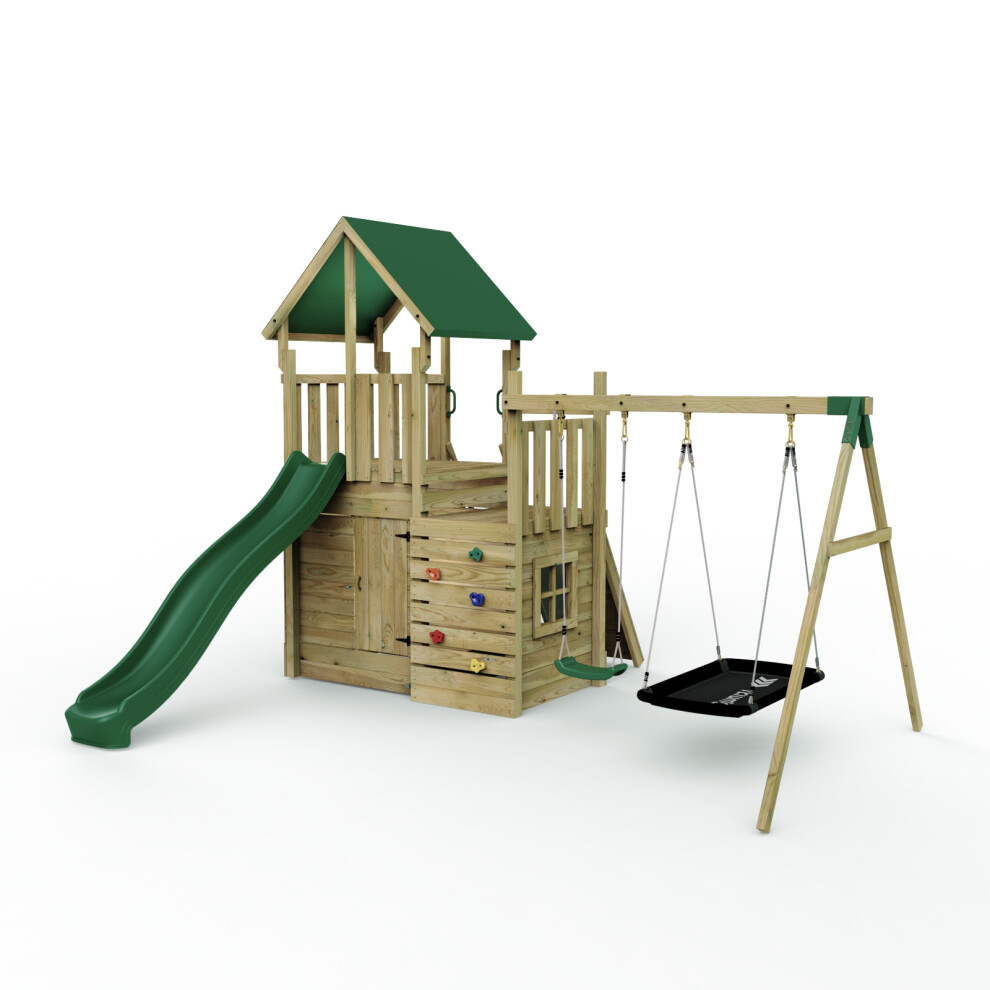Rebo Modular Wooden Climbing Frame Adventure Playset - M8 Plus Ramp & Double Swing
