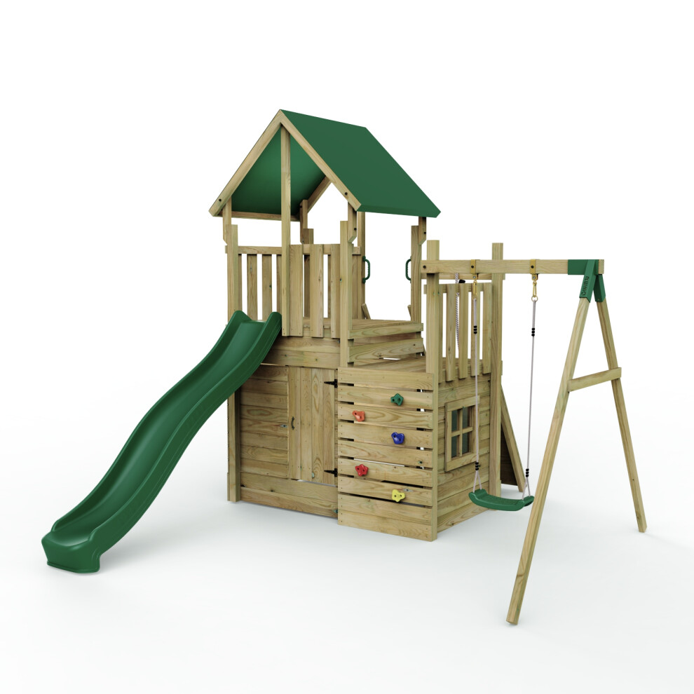Rebo (M8 Plus Ramp & Single Swing) Modular Wooden Climbing Frame Adventure Playset - M8