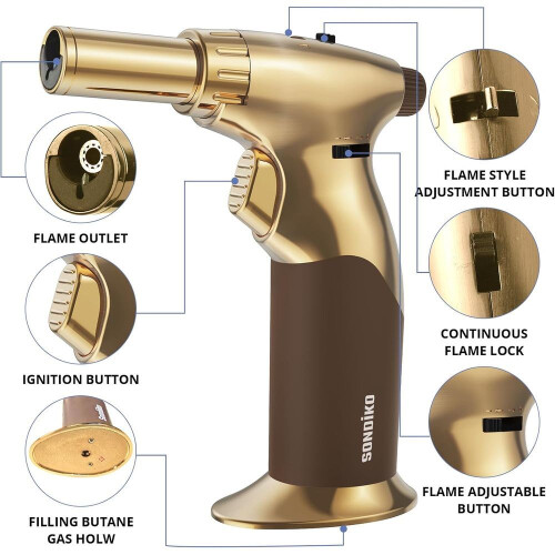 Butane Dual Adjustable Flame Size Butane Torch Lighter, Mini Blow Torch, Refillable Kitchen Torch With Continuous Flame Lock For Creme Brulee 2