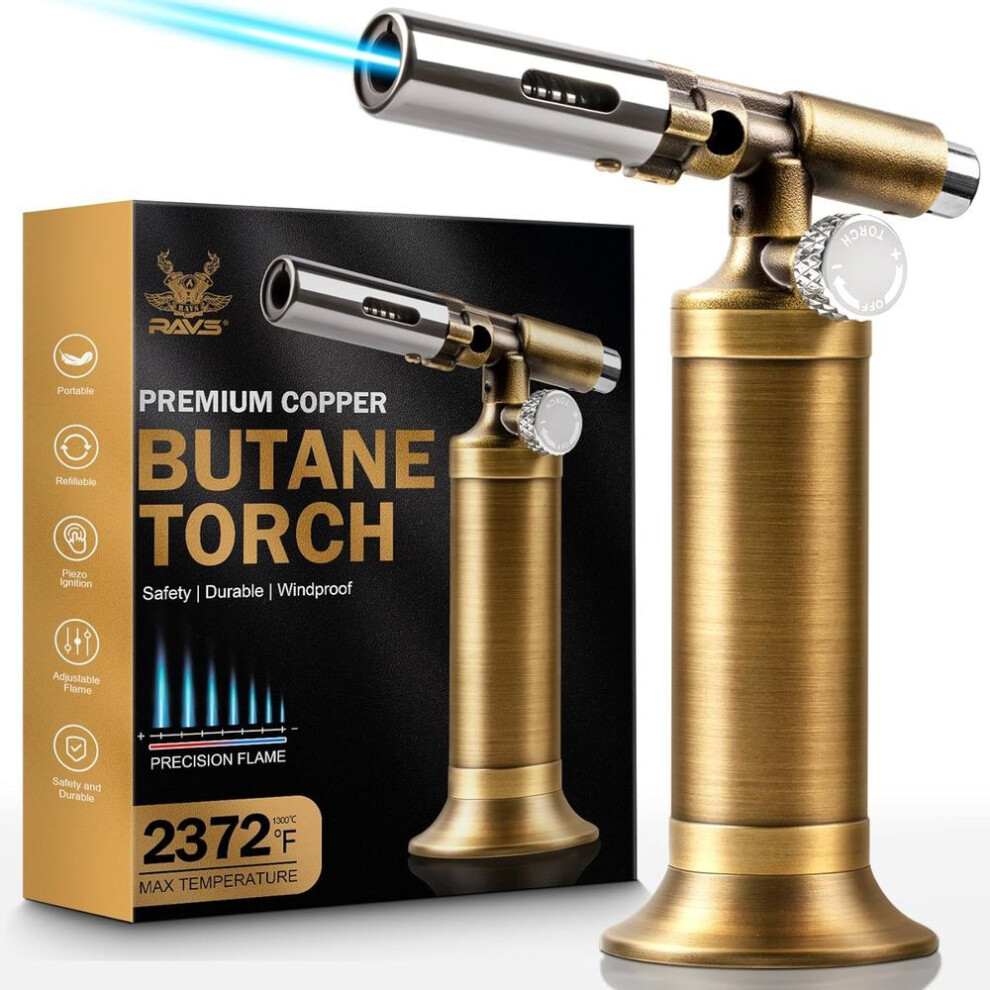 Yeuligo Butane Torch Lighter, Refillable Kitchen Torch For Creme Brulee With Adjustable Flame, Copper Torch For Jewelry Making With Pinpoint Flame