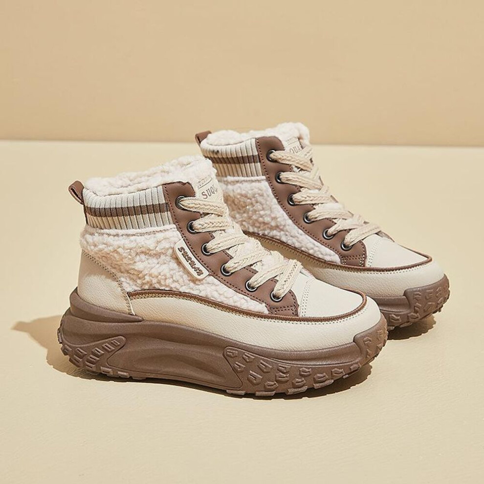 (khaki, 40) Women's Chunky Platform Snow Boots Winter Warm Faux Fur Lining Ankle Booties Lace-Up Comfortable Anti-Slip PU Leather Short Boots Shoes for Women