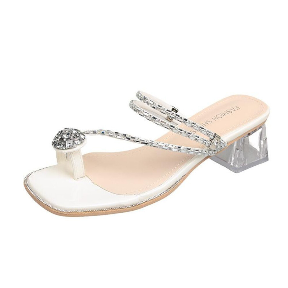 (white, 35) Women&apos;s Rhinestone Low Block Heels Sandals Platform Slipper Chunky Heel Flip-flop Lightweight Women&apos;s Summer Square Open Toe Dress Shoes Cas