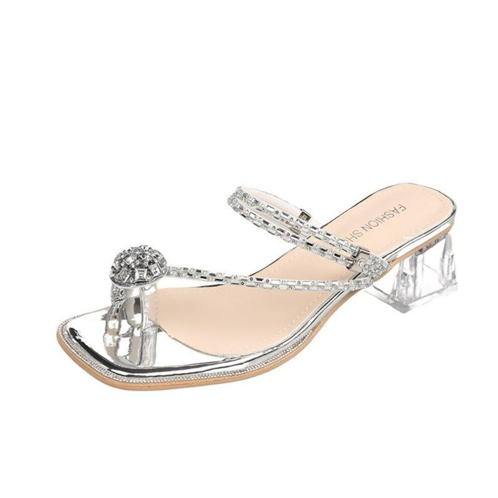 (silver, 35) Women&apos;s Rhinestone Low Block Heels Sandals Platform Slipper Chunky Heel Flip-flop Lightweight Women&apos;s Summer Square Open Toe Dress Shoes Cas