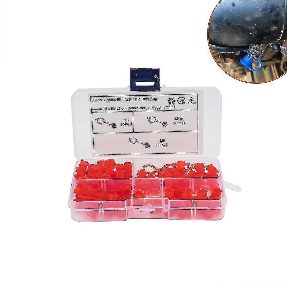 (As show, One size) Hydraulic Grease Nipples Grease Plugs Protection Caps / Caps Assortment M6 M8 M10 Red (assortment In Storage Box / Box), 80 Pieces-image-OPC-PG97TYX-NEW