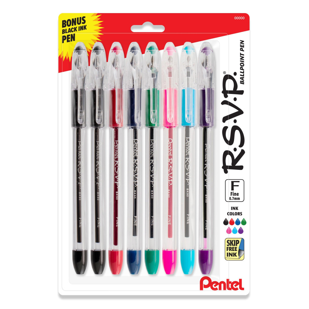 Pentel RSVP Original Ballpoint Pen  07mm Fine Line  Assorted Ink Colors  Clear Barrel  8 Pack with Bonus Black Ink Pen