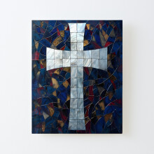 Framed Canvas Print Divine Radiance: White Cross in Stained Glass=9685 DIY Install Kit - 16x20" Wall Art Home Décor
