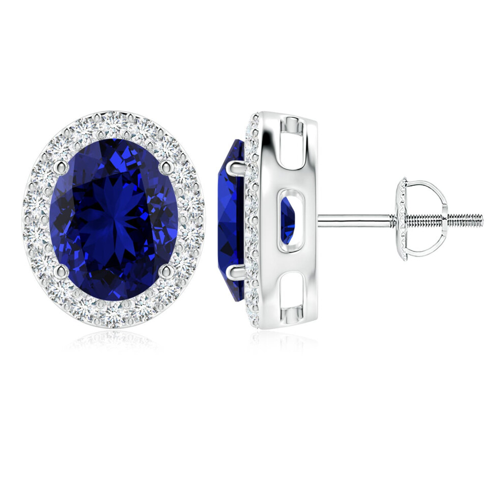 (14K Gold, 10x8mm) Lab-Grown Oval Blue Sapphire Studs with Lab Diamond Halo-image-OPC-PG98GHH-NEW