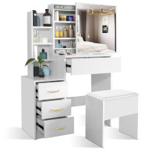 (White) Hampton&Stewart Dressing Table w/ Drawers, Mirror & Stool Set