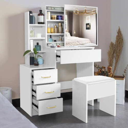(White) Hampton&Stewart Dressing Table w/ Drawers, Mirror & Stool Set 2