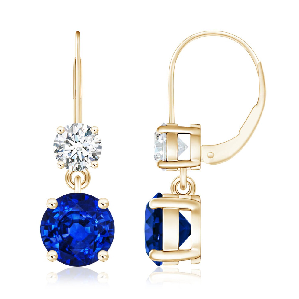 (9K Gold, 8mm) Lab-Grown Round Blue Sapphire Leverback Dangle Earrings with Lab Diamond-image-OPC-PG98HHP-NEW