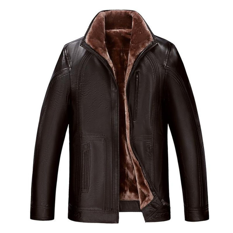 (dark brown, XXL) Men&apos;s Winter Leather Coat Middle-Aged and Elderly Men&apos;s Fur Integrated Fleece-lined Thickened Leather Jacket Men&apos;s Leather Coat