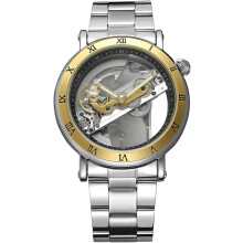 men Automatic Watch Transparent Watch Dial Hollow Skeleton Silver Tone Stainless Steel Watches