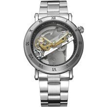 men Automatic Watch Transparent Watch Dial Hollow Skeleton Silver Tone Stainless Steel Watches