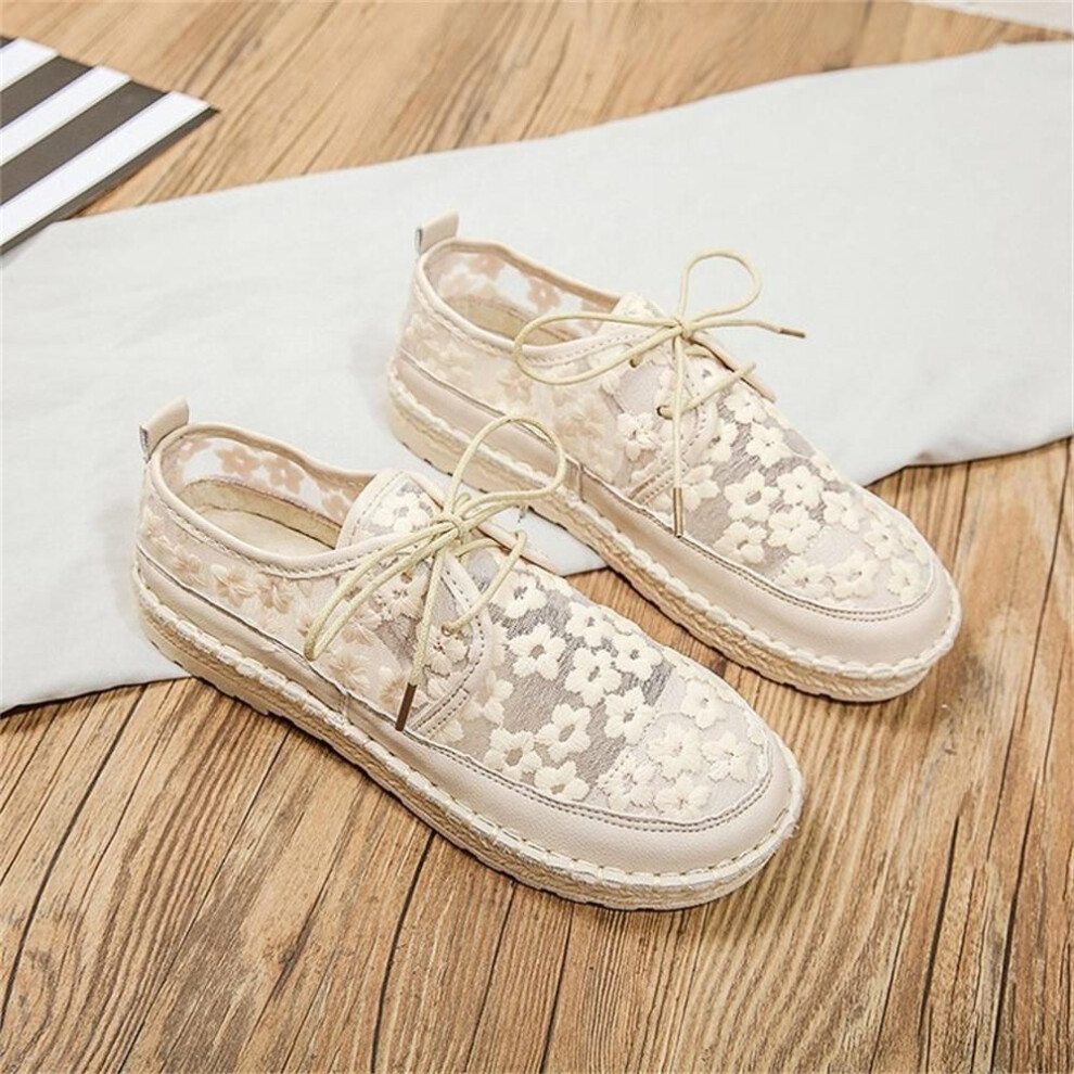 (beige, 39) 2023 Summer Daisy Embroidered Round Head Knitted Comfortable Flat Shoes Lace Up Mesh Single Shoes Summer Sandals