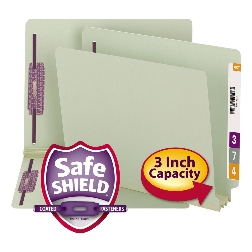 Photos - File Folder / Lever Arch File Smead Pressboard End-Tab Folders with SafeSHIELD Fasteners Straight-Cut 3 Expansion Letter Size 60 Recycled Gray/Green Box o