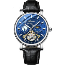 men Automatic Watch Skeleton Sky Dial Mechanical Self Winding Moon Phase Waterproof Leather Strap Wrist Watch