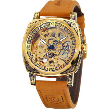 Retro Hollow Design Manual Automatic Winding Waterproof Leather Strap Wristwatch