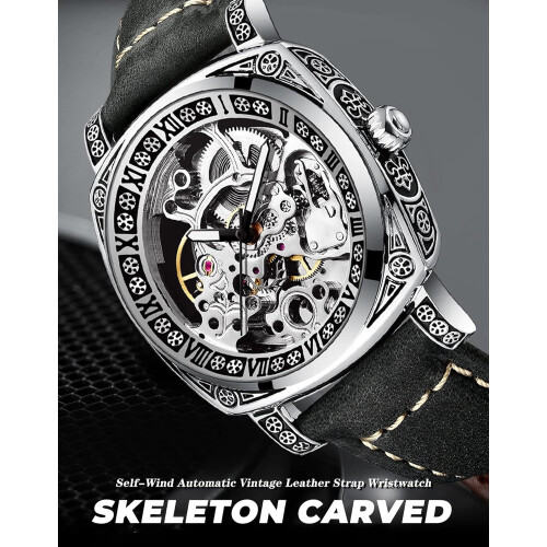 Retro Hollow Design Manual Automatic Winding Waterproof Leather Strap Wristwatch 1