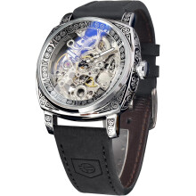 Retro Hollow Design Manual Automatic Winding Waterproof Leather Strap Wristwatch
