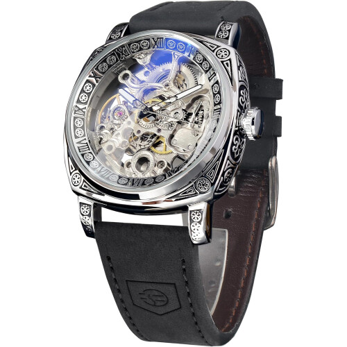 Retro Hollow Design Manual Automatic Winding Waterproof Leather Strap Wristwatch
