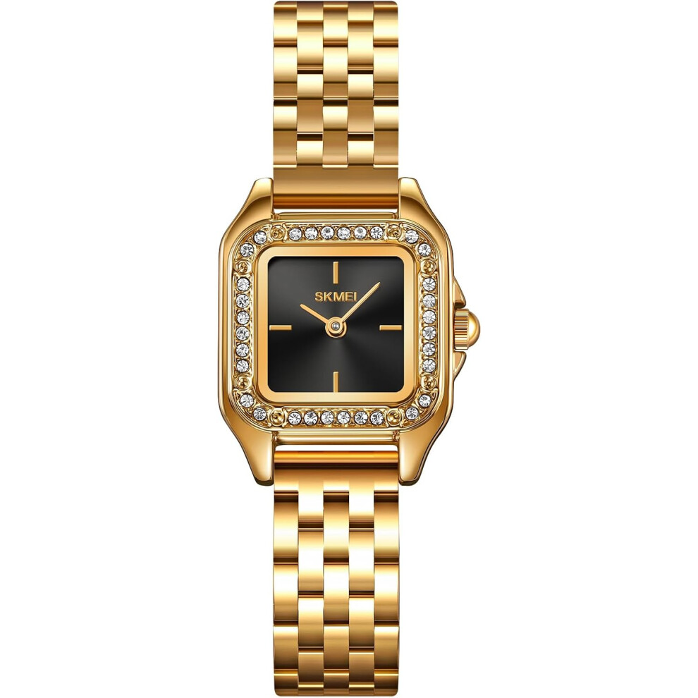 Veanxin Square Small Stainless Steel Band Diamond Women Wrist Watches Gold