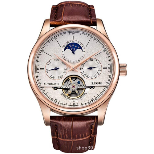 men Brown Leather Tourbillon Automatic Wrist Watch