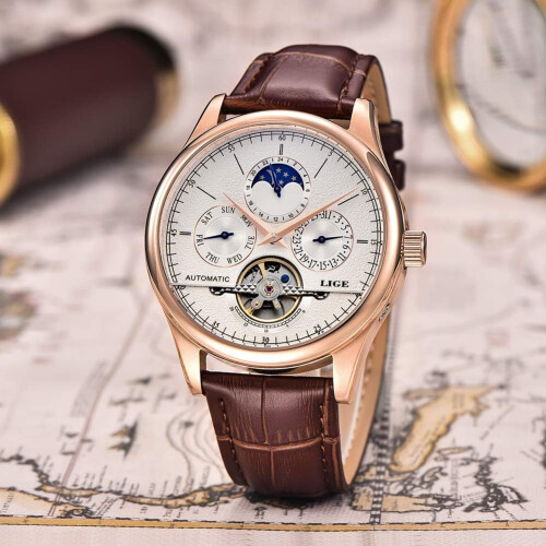 men Brown Leather Tourbillon Automatic Wrist Watch 2