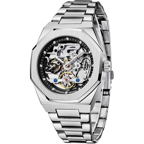 men Stainless Steel Skeleton Waterproof Clock Watches