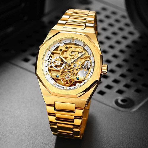 men Stainless Steel Skeleton Waterproof Clock Watches 2