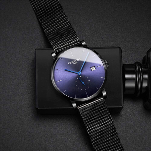 men Ultra-Thin Automatic Stainless Steel Date Mesh Waterproof Watch 2