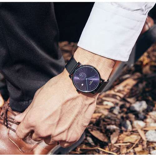 men Ultra-Thin Automatic Stainless Steel Date Mesh Waterproof Watch 1