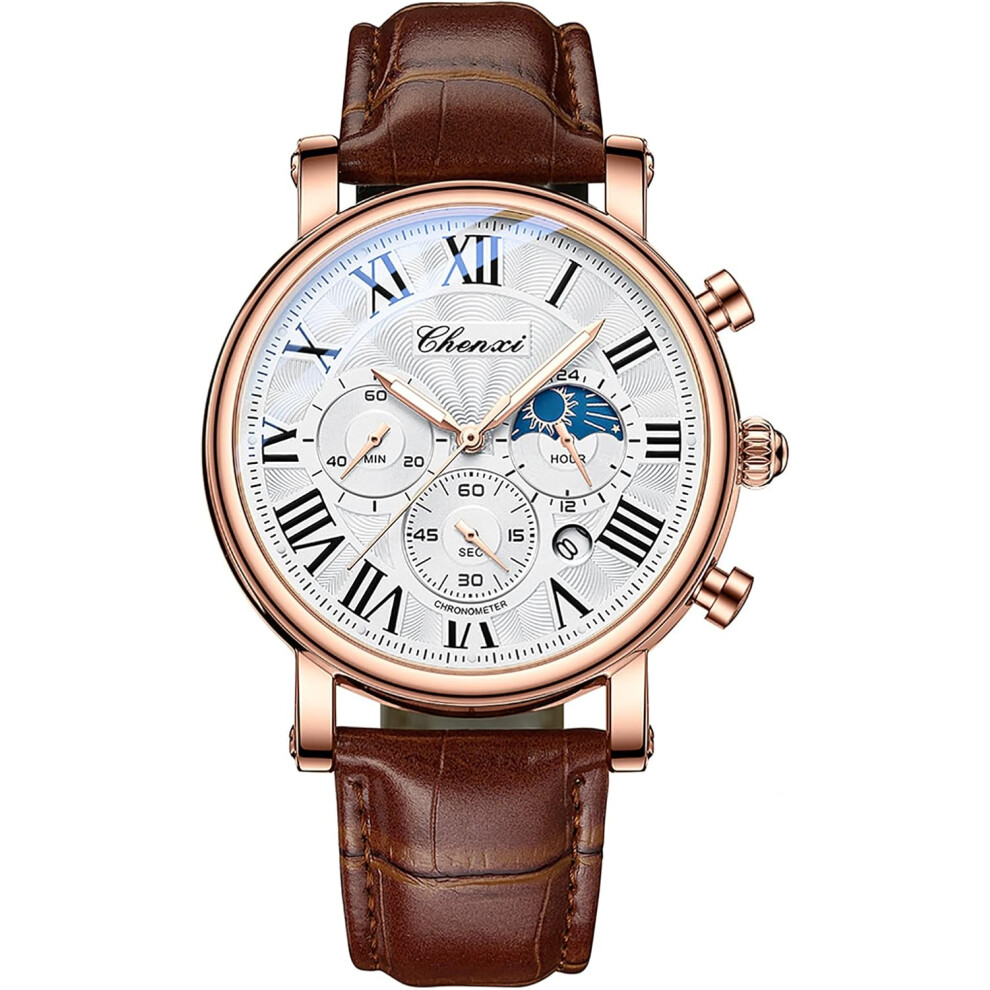 Veanxin Moon Phase Chronograph Date Leather Strap Waterproof Wristwatch