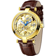 Gold Skeleton Automatic men Watch Steampunk Leather Mechanical Waterproof Watch