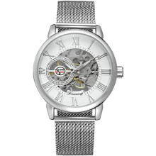 Automatic Watch Transparent Watch Dial Hollow Skeleton Silver Tone Mesh Band Watch