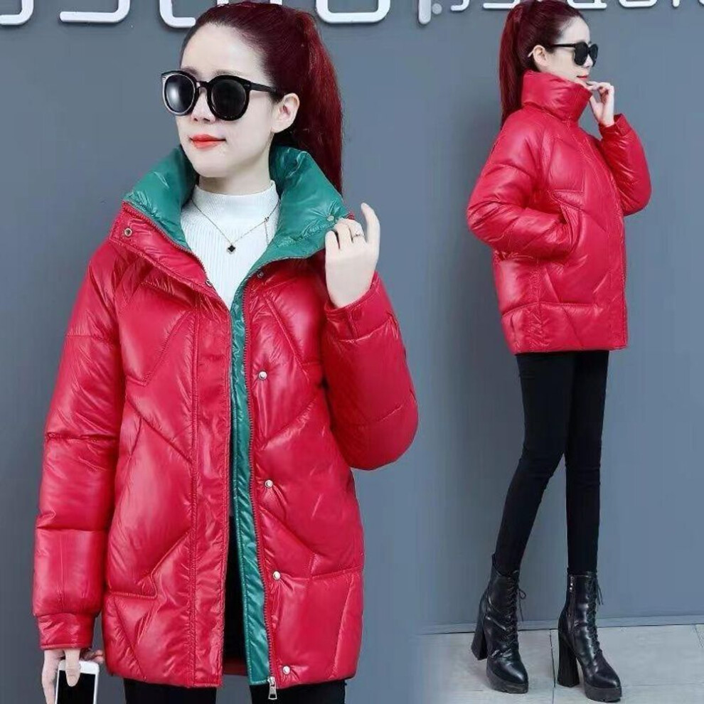 (red, XXL) Cotton-padded Women&apos;s Long Korean Version of Loose Large Size Standing Collar Cotton-padded Jacket Winter New Style Fashion Cotton-padded Jacket
