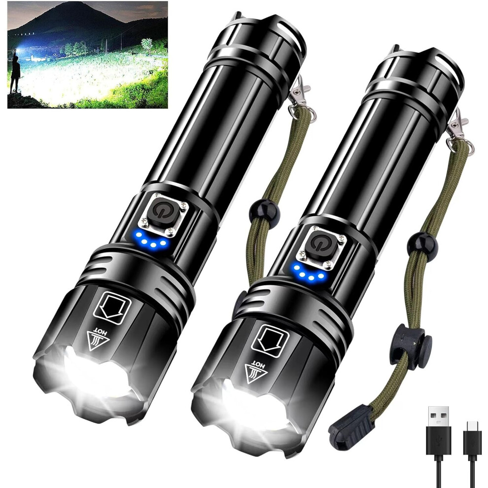 Flashlight LED Super Bright, 500000 High Lumen Rechargeable Flashlight, Powerful Flashlight XHP70.2 with 6 Modes and Variable Zoom