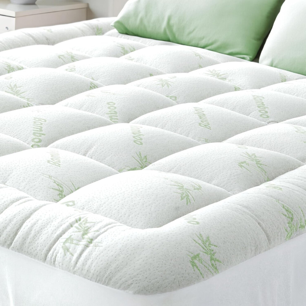 (King (Queen), White) Bamboo Mattress Topper King Size Bed - Thick Breathable Cooling Pillow Top Mattress Topper for Back Pain Relief