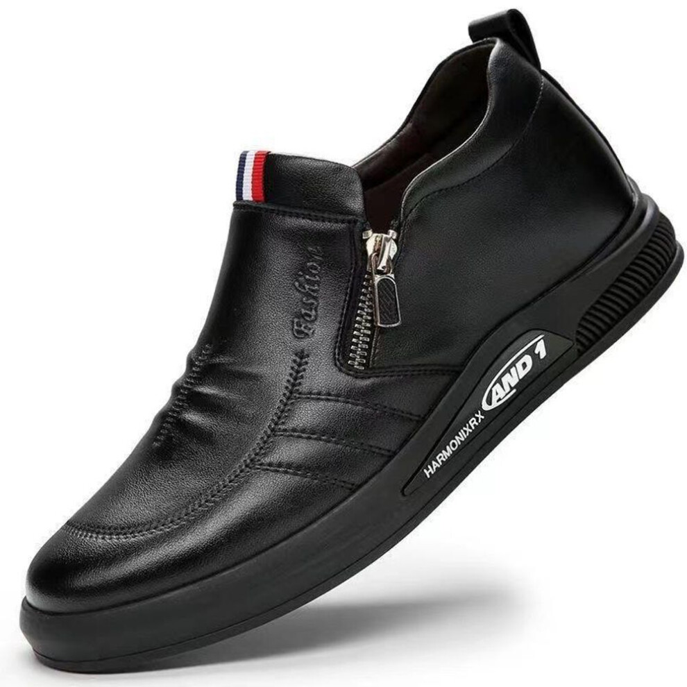(black, 44) Men&apos;s Leather Shoes Spring And Autumn Zipper Shallow Mouth Breathable Running Shoes Fashion Casual Sports Shoes Business Soft Bottom Men&apos;s S